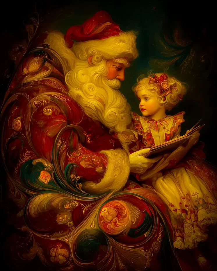Vintage Nouveau Santa Claus with Young Child Christmas Art Print - 8"x10" Artwork