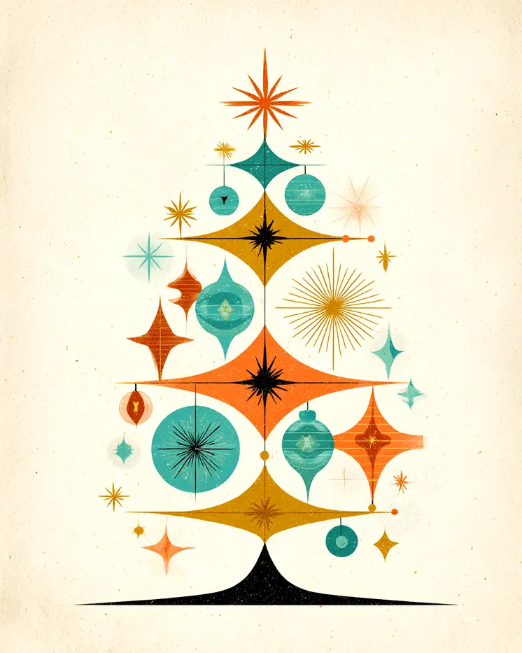 Mid-Century Modern X-Mas Tree Christmas Art Print - 8"x10" Artwork
