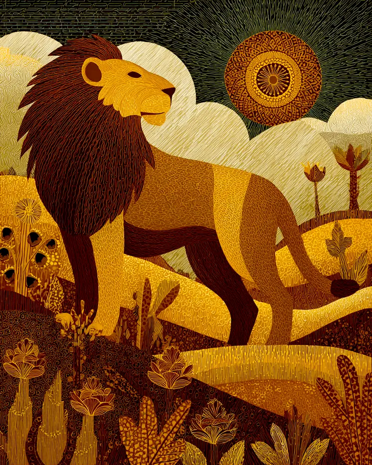 African Lion Folk Art Big Cats Art Print - 8"x10" Artwork