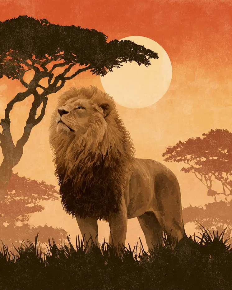 African Lion on Savannah Big Cats Art Print - 8"x10" Artwork