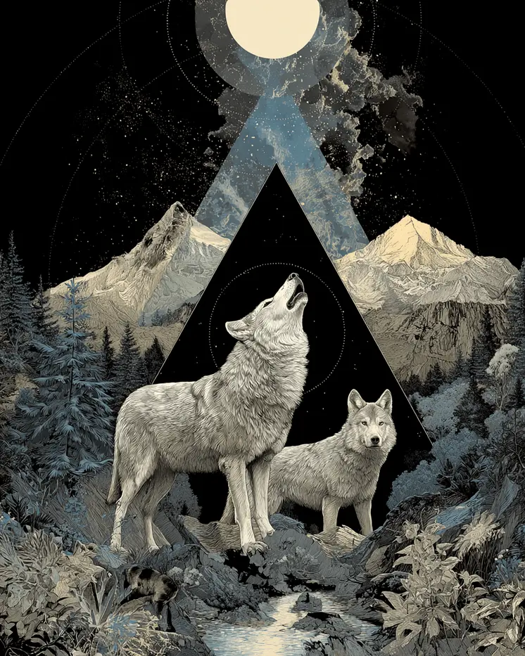 Abstract Wolves at Night American West Art Print - 8"x10" Artwork