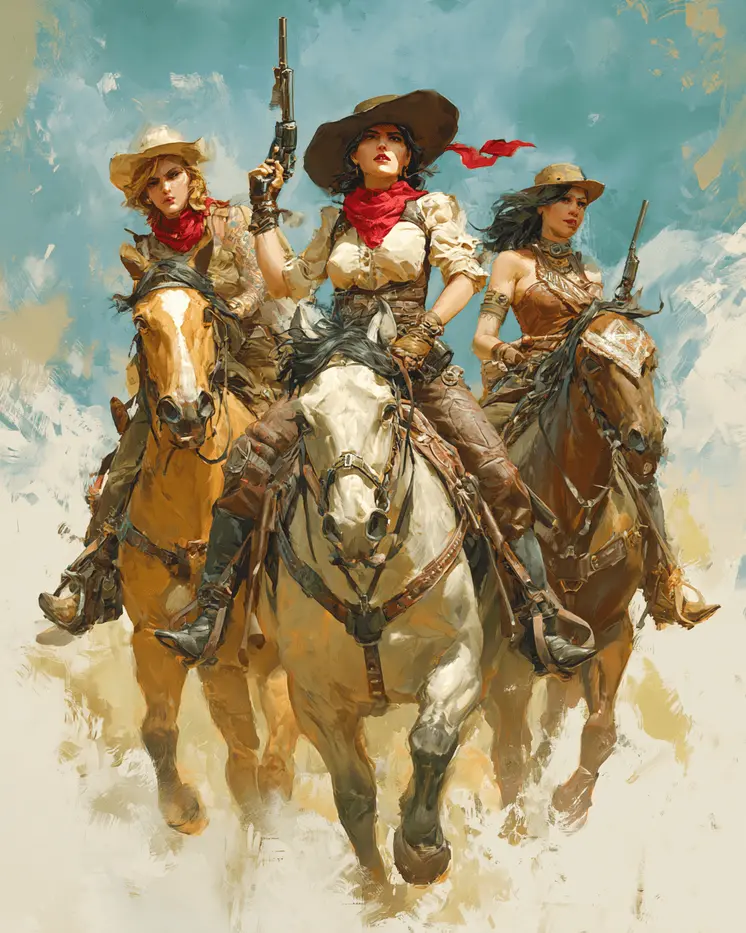 Tres Vaqueras en Persecución American West Art Print - 8"x10" Artwork