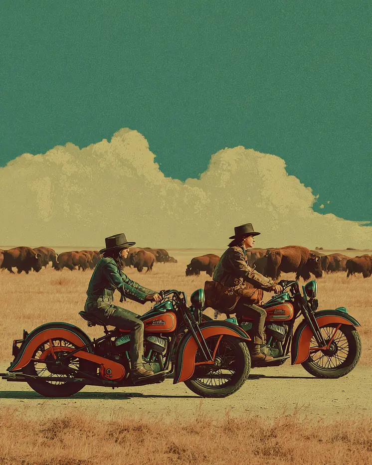 Early Motorbikes & Bison American West Art Print - 8"x10" Artwork