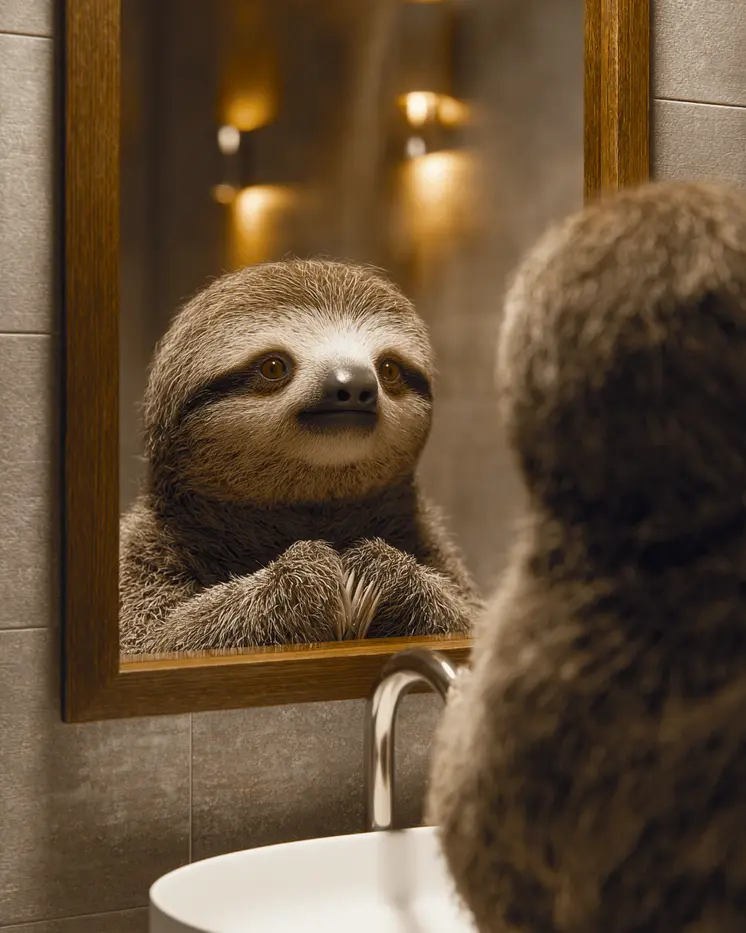 Sloth Looking in Mirror Bathroom Decor Art Print - 8"x10" Artwork