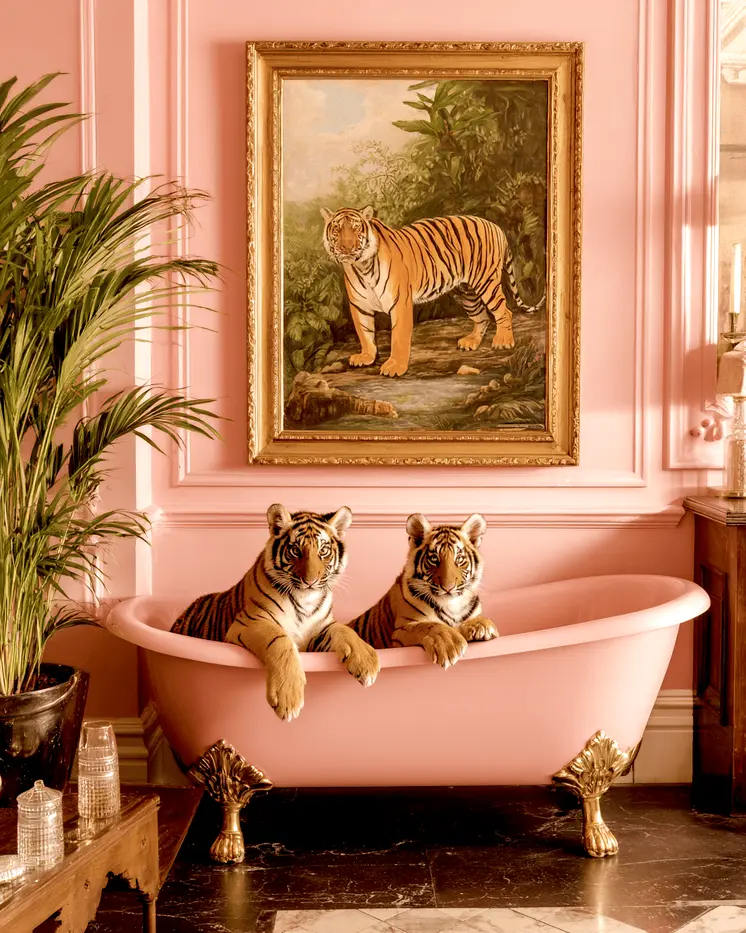 Tiger Cubs in Pink Bathtub Bathroom Decor Art Print - 8"x10" Artwork