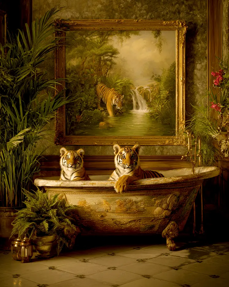 Tiger Cubs in Bathtub Bathroom Decor Art Print - 8"x10" Artwork