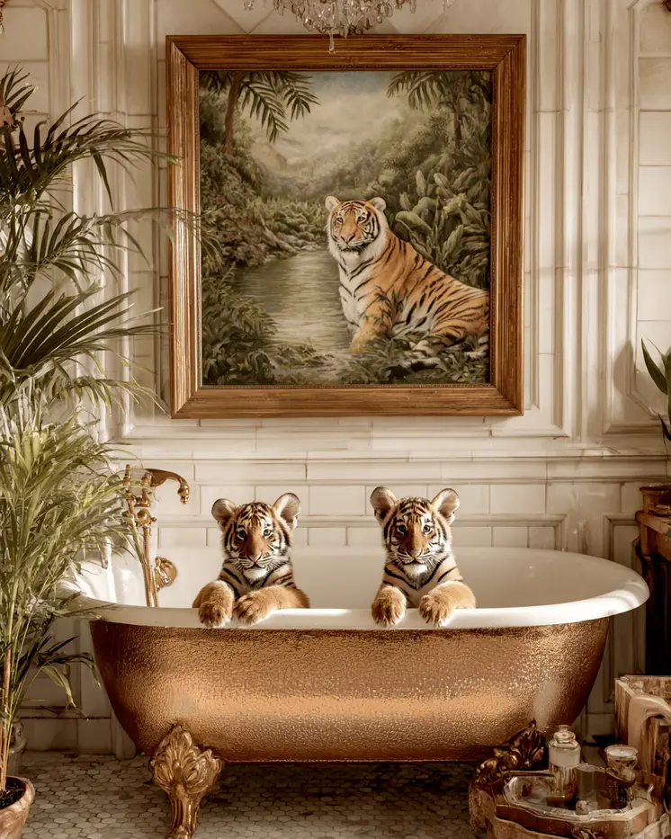 Tiger Cubs enjoying a Bath Bathroom Decor Art Print - 8"x10" Artwork