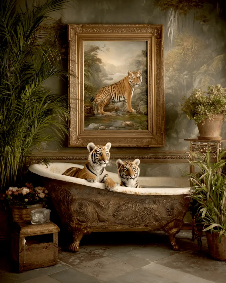 Tiger Cubs Taking a Bath Bathroom Decor Art Print - 8"x10" Artwork