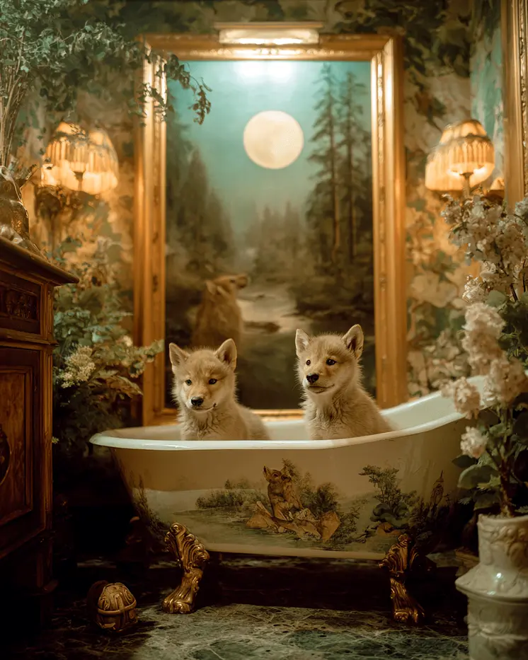 Wolf Cubs Having a Bath Bathroom Decor Art Print - 8"x10" Artwork