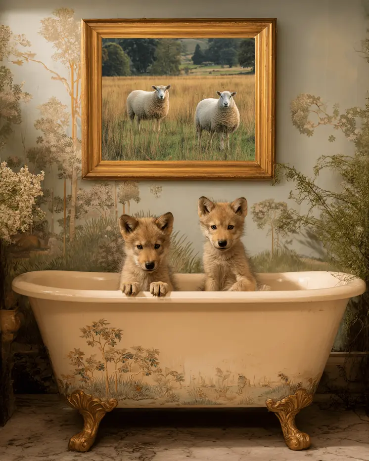 Wolf Cubs Taking a Bath Bathroom Decor Art Print - 8"x10" Artwork