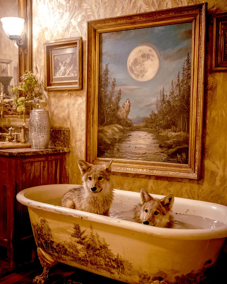 Wolf Cubs in a Bathtub Bathroom Decor Art Print - 8"x10" Artwork