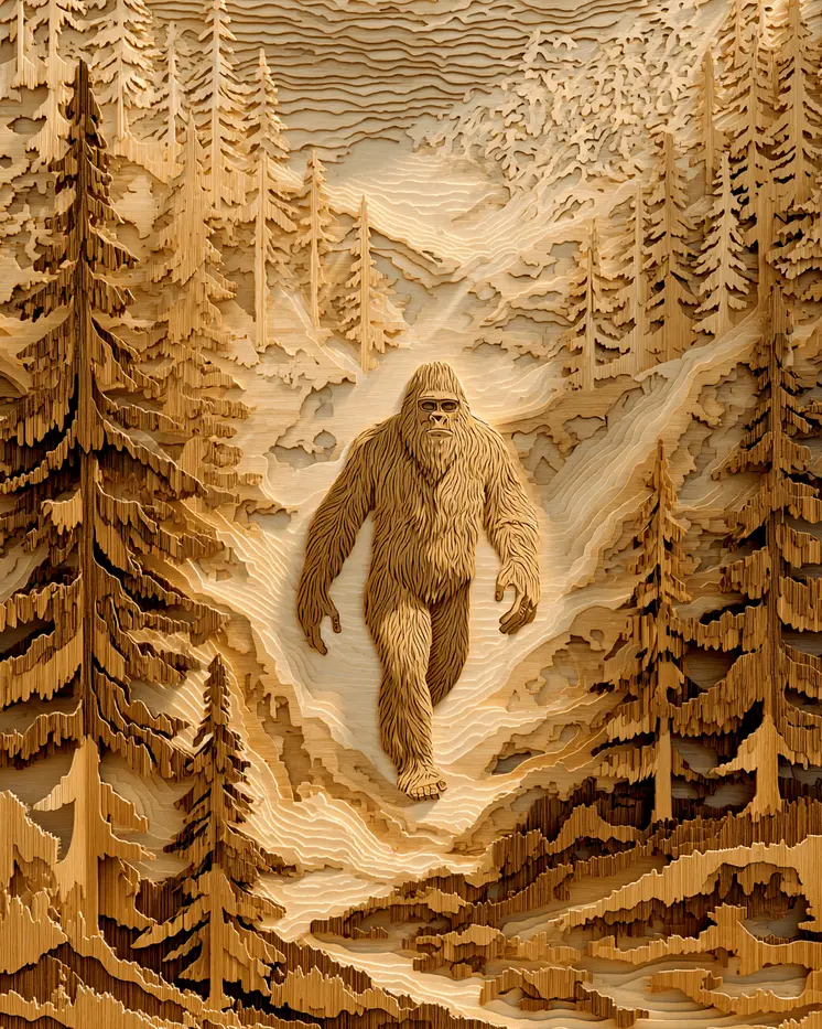 Wood Laser Cut Style Bigfoot Art Print - 8"x10" Artwork