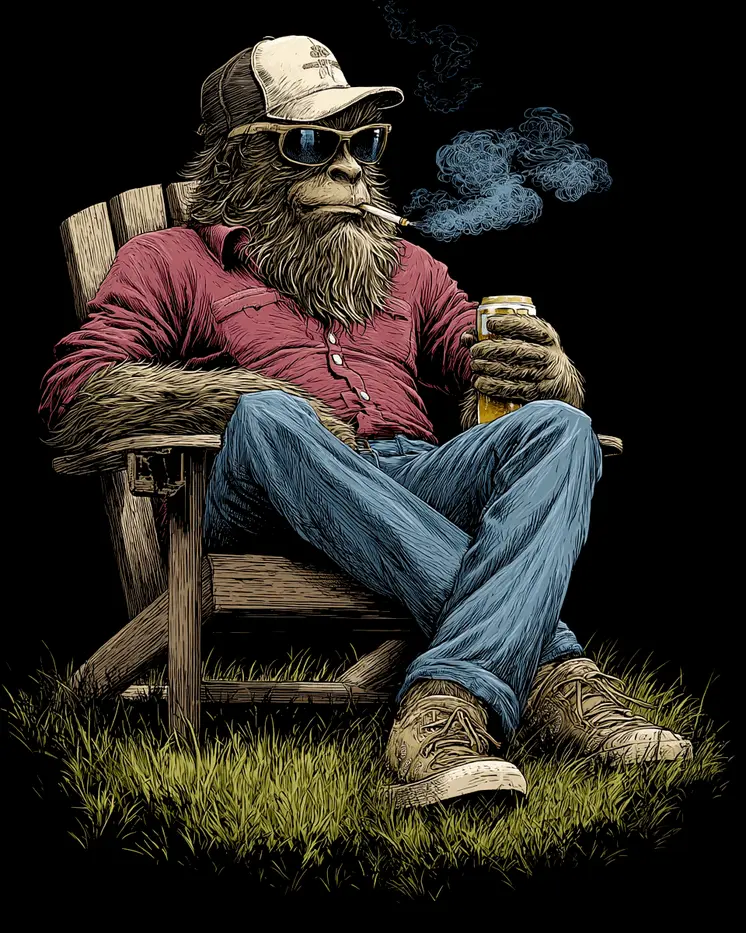 Bigfoot Having a Beer and a Smoke Art Print - 8"x10" Artwork