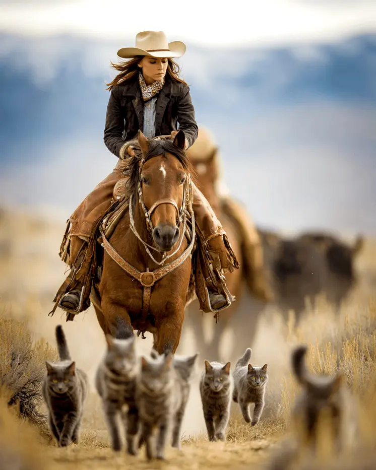 Cowgirl  & Cats Western Art Print - 8"x10" Artwork