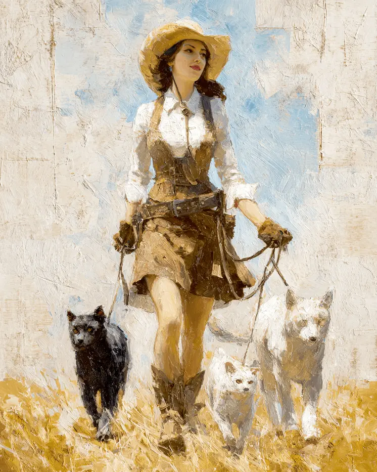 Cowgirl Walking Cats and Dog Western Art Print - 8"x10" Artwork