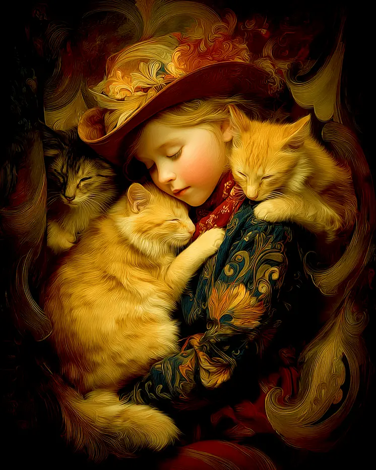Young Cowgirl Sleeping with Her Cats Western Art Print - 8"x10" Artwork
