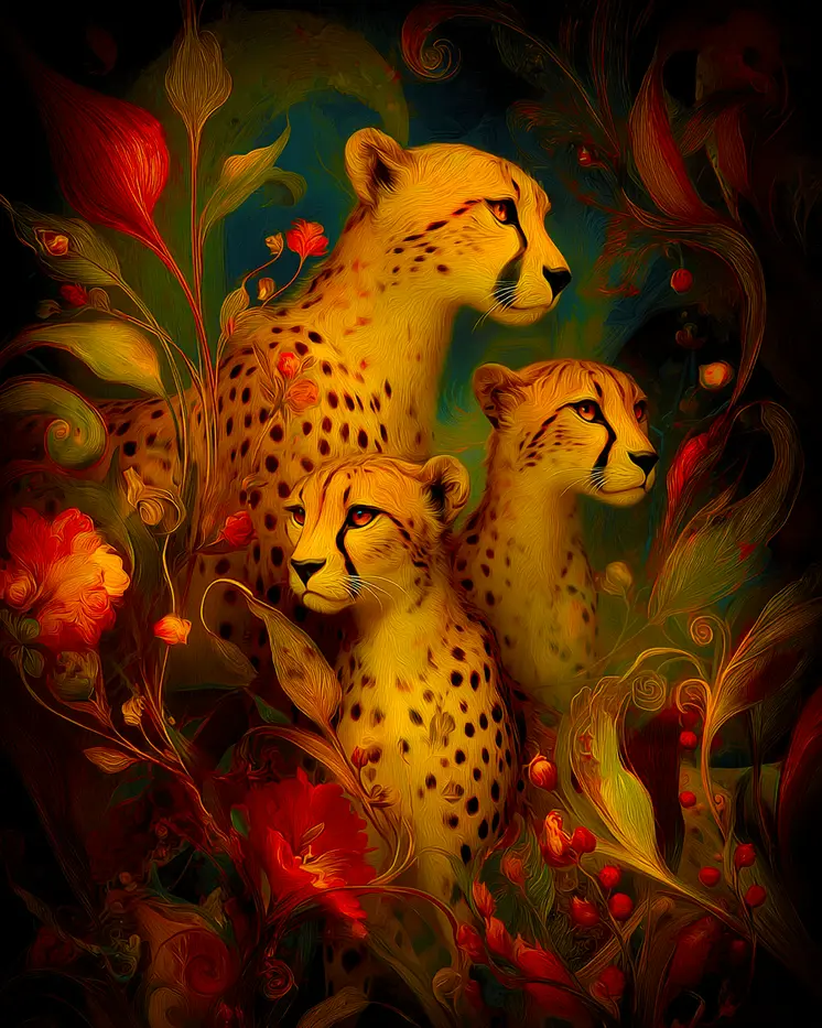 Cheetah Family Portrait Big Cats Art Print - 8"x10" Artwork