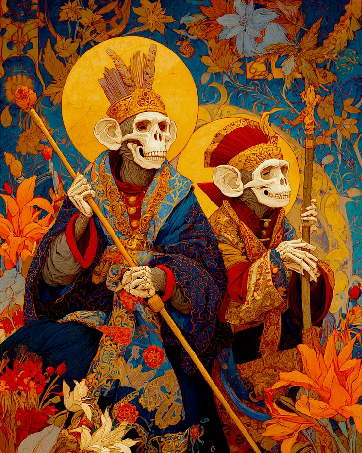 Skeleton Monkey King and Queen Día de Muertos Art Print - 8"x10" Artwork