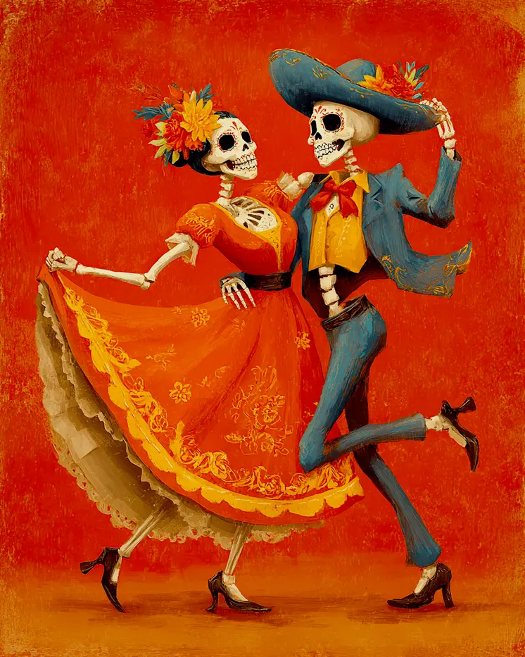 Dancing Skeleton Couple Día de Muertos Art Print - 8"x10" Artwork