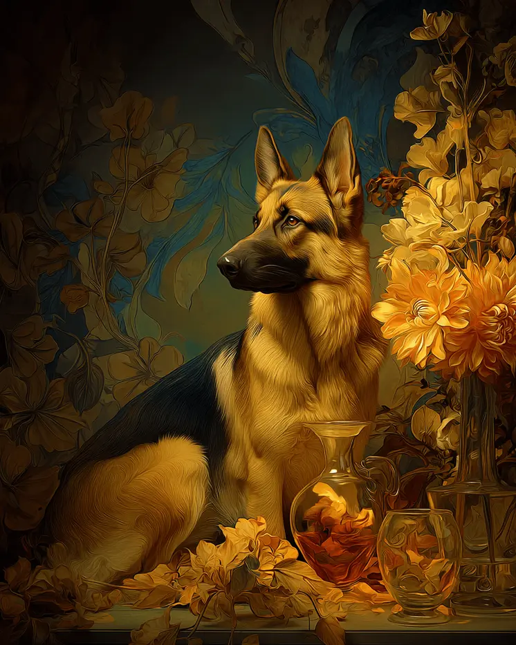 German Shepherd Nouveau Pet Dog Art Print - 8"x10" Artwork