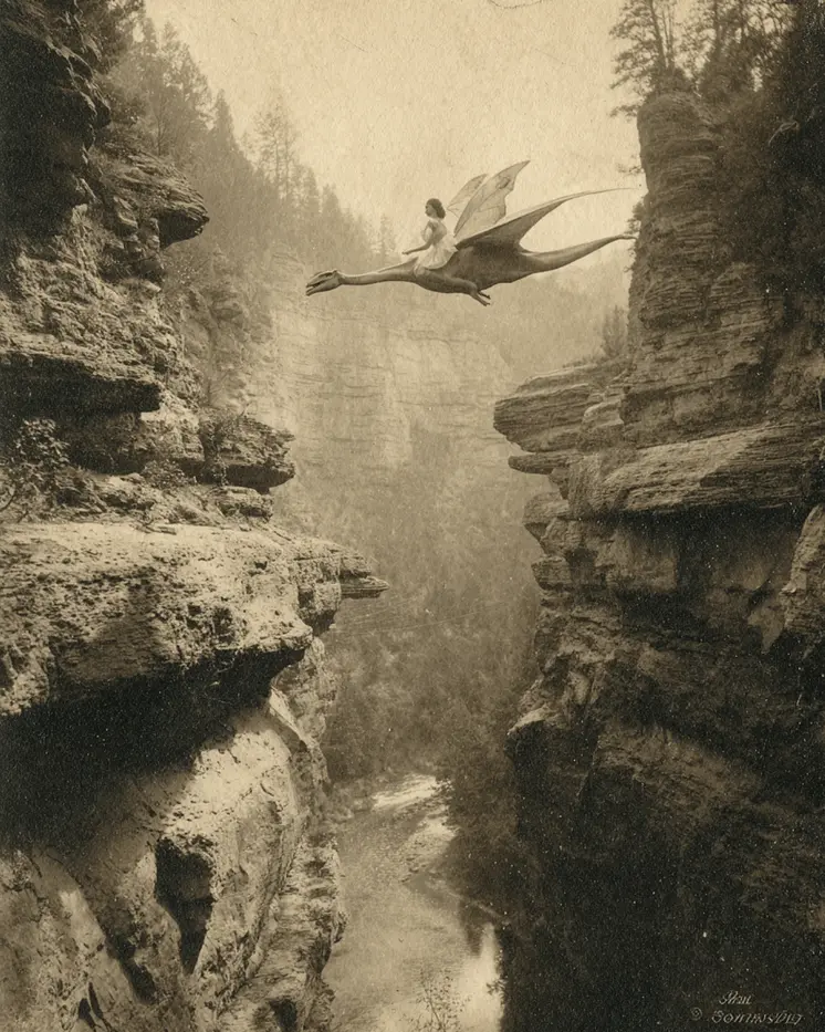 Fairy Riding a Pterodactyl - Antique Style Photo - Fairies Art Print - 8"x10" Artwork