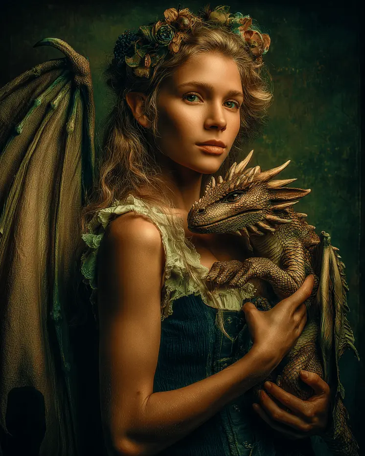 Batwing Fairy with Pet Dragon - Fairies Art Print - 8"x10" Artwork
