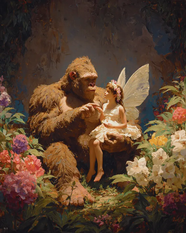 Bigfoot Helps Fairy - Fairies Art Print - 8"x10" Artwork