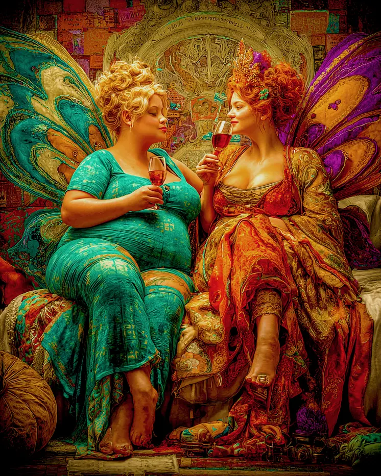 Big Fairies Sharing a Glass of Wine - Fairies Art Print - 8"x10" Artwork
