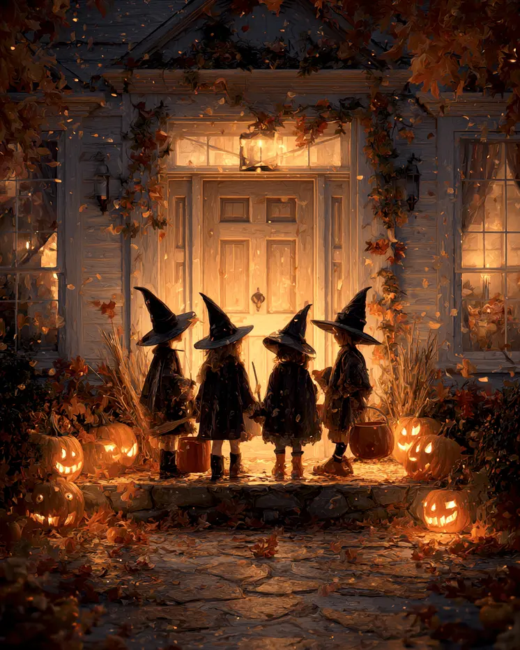 Four Witches Trick or Treating Halloween Art Print - 8"x10" Artwork