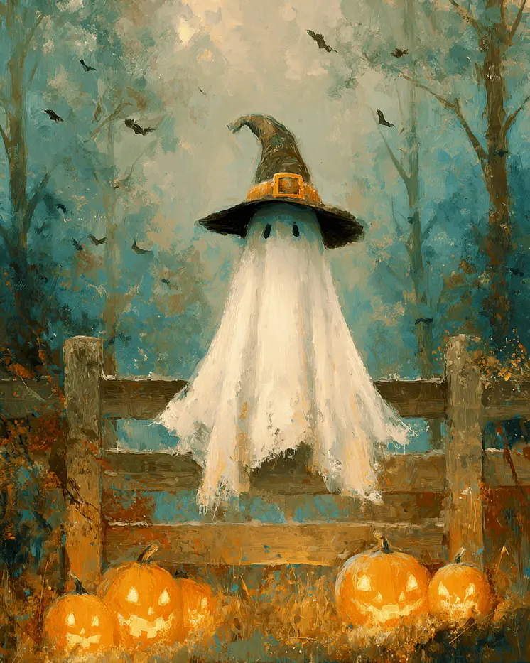 Ghost on a Fence Halloween Art Print - 8"x10" Artwork