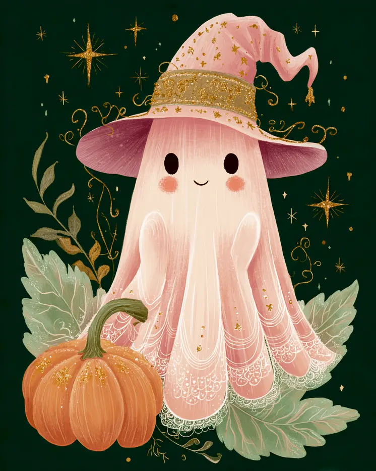 Cute Pink Ghost Halloween Art Print - 8"x10" Artwork