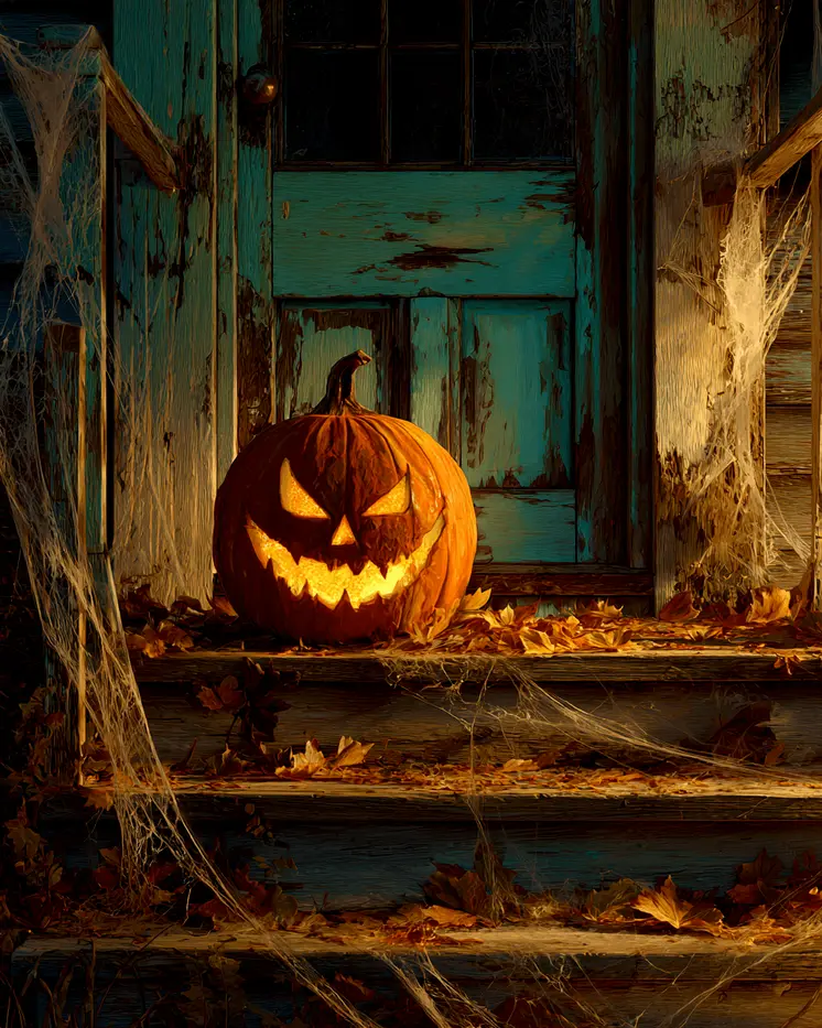 Scary Pumpkin on Doorstep Halloween Art Print - 8"x10" Artwork