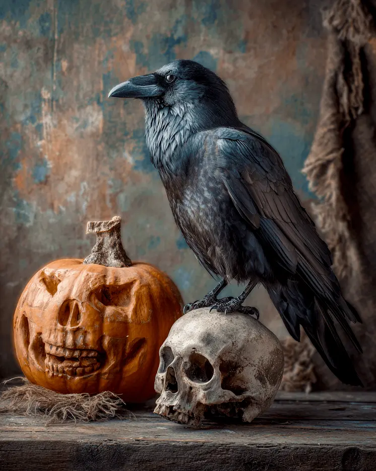 Crow, Skull, & Scary Pumpkin Still-Life Halloween Art Print - 8"x10" Artwork