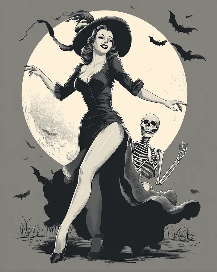 Carefree Witch & Skeleton Halloween Art Print - 8"x10" Artwork
