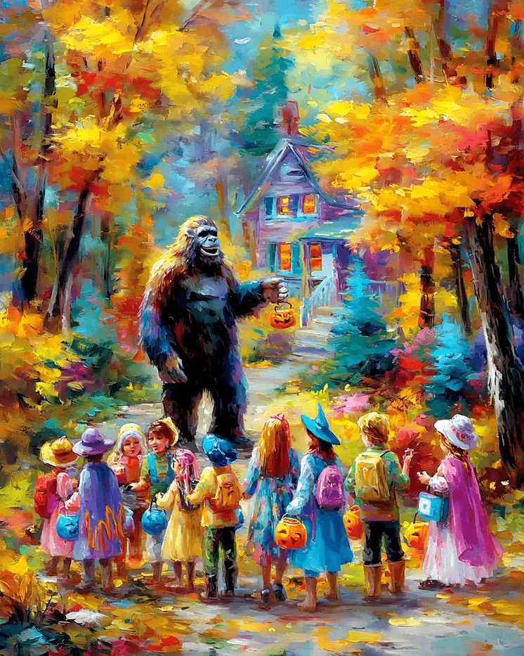 Bigfoot Asking to Go Trick or Treating Halloween Art Print - 8"x10" Artwork