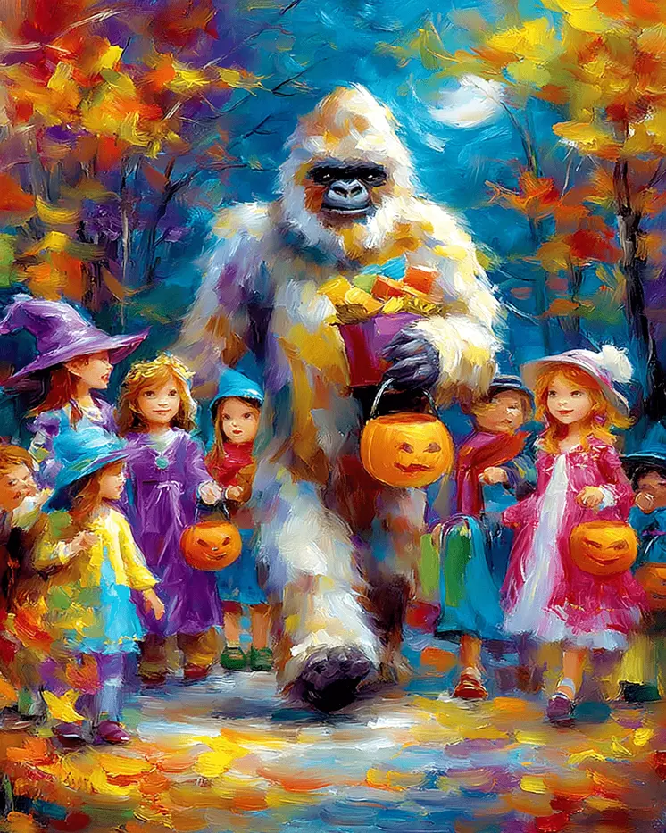 Bigfoot Trick or Treating Halloween Art Print - 8"x10" Artwork