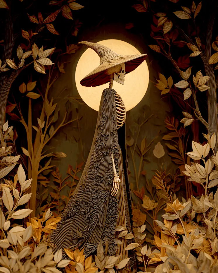 Vintage Witch Skeleton on a Walk Halloween Art Print - 8"x10" Artwork