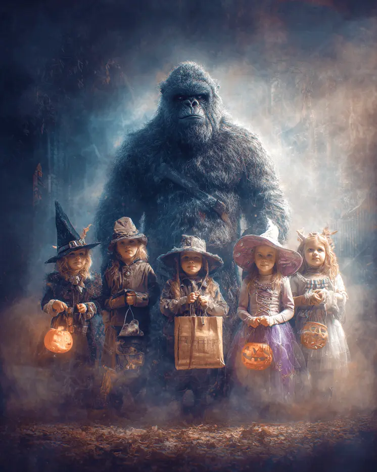 Bigfoot Poses with Kids for Halloween Pic Art Print - 8"x10" Artwork