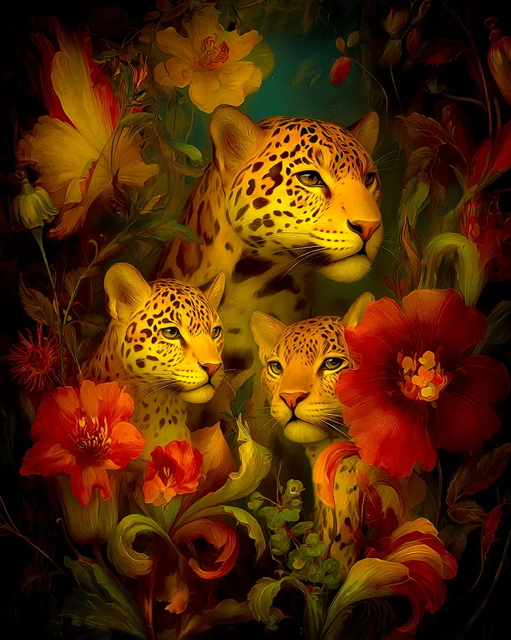 Jaguar Family Portrait Big Cats Art Print - 8"x10" Artwork