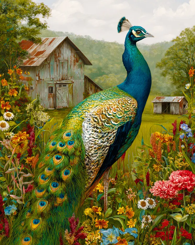 On the Farm - Peacock Peahen Peafowl Art Print - 8"x10" Artwork