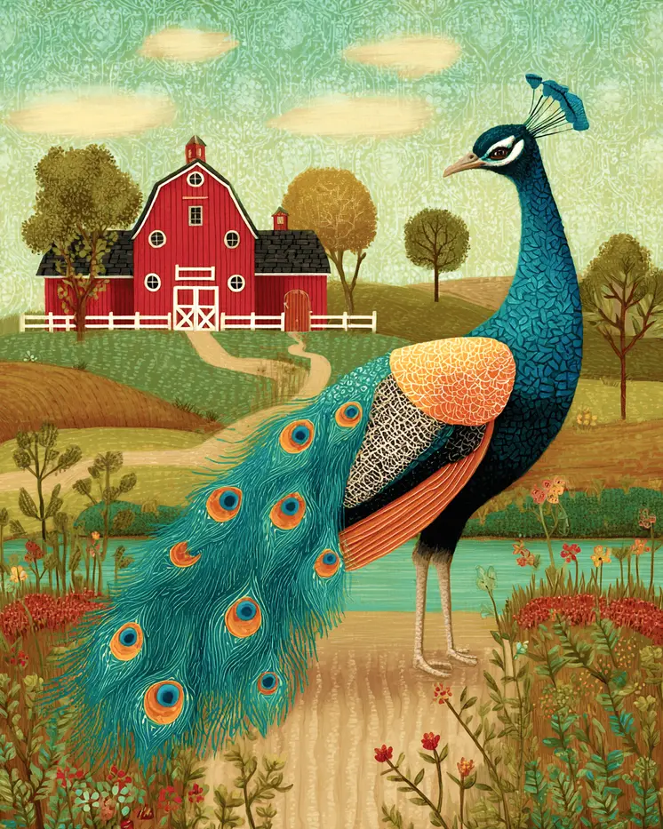 Folk Art Farm Scene with Peacock Peahen Peafowl Art Print - 8"x10" Artwork