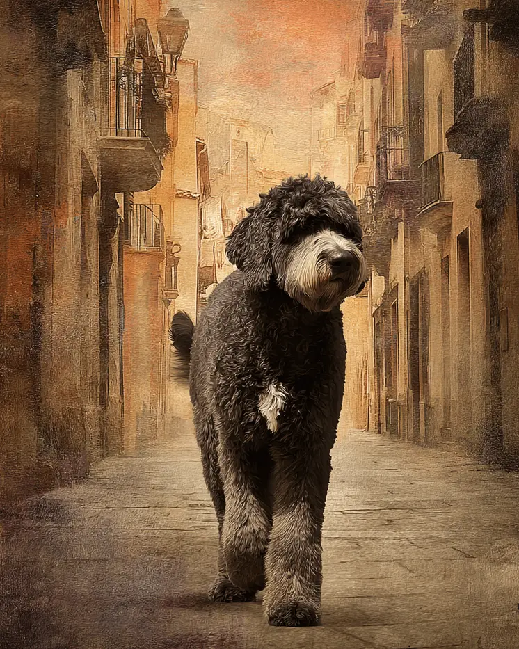 Giant Portie Walking Down City Street - Portuguese Water Dog Art Print - 8"x10" Artwork