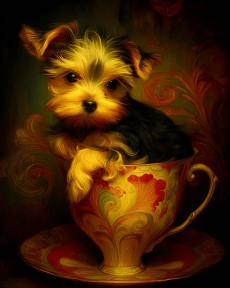 Cute Yorkshire Terrier Puppy - Pup in a Cup - Art Print - 8"x10" Artwork