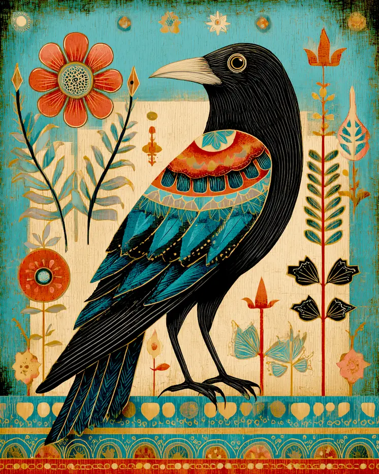 Vintage Folk Art Raven Art Print - 8"x10" Artwork