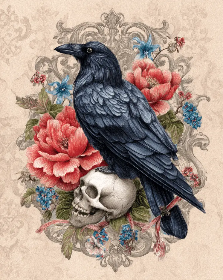 Raven & Skull Floral Art Print - 8"x10" Artwork