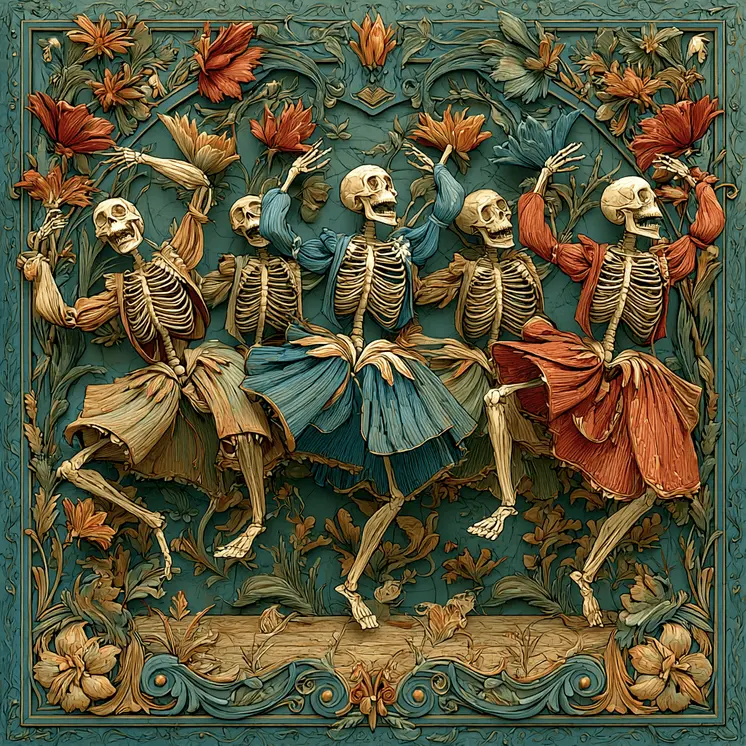 Dancing Skeletons Wholesale Woodcut Style Art Print - 8"x8" Artwork for 12"x12" Frame