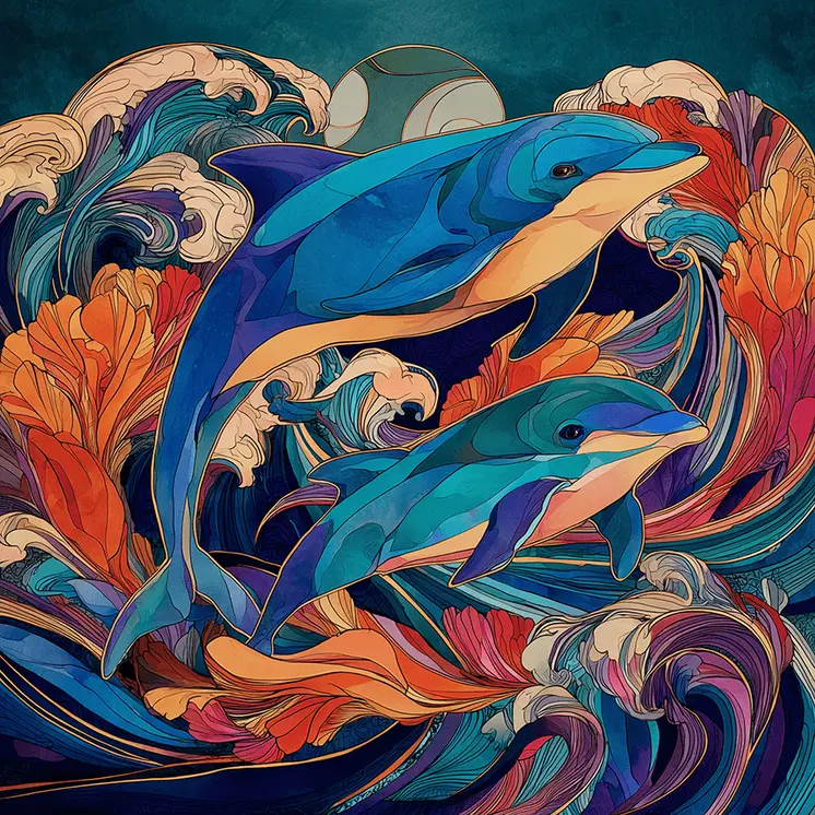 Art Nouveau Dolphins  Art Print - Art Nouveau Style 8"x8" Artwork for 12"x12" Frame