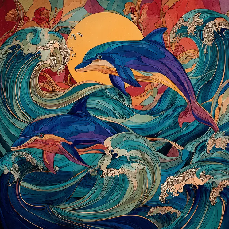 Art Nouveau Jumping Dolphins  Art Print - Art Nouveau Style 8"x8" Artwork for 12"x12" Frame
