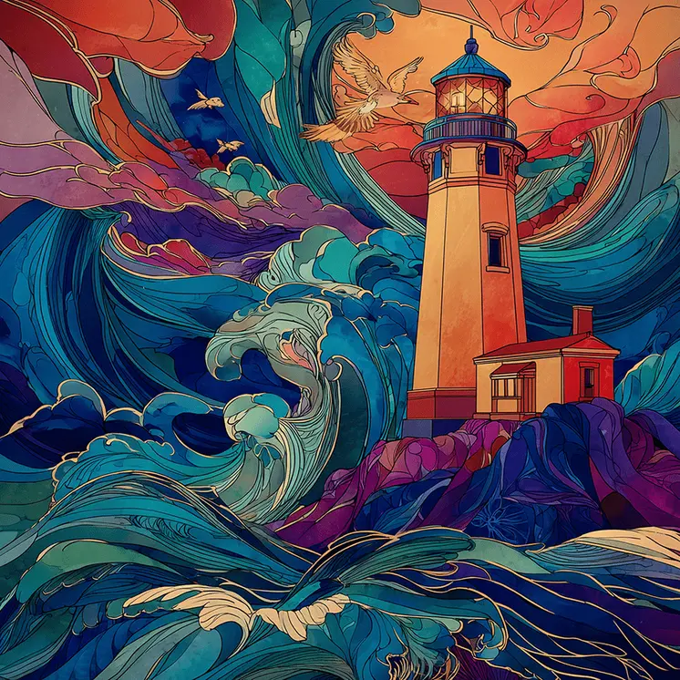 Art Nouveau Lighthouse  Art Print - Art Nouveau Style 8"x8" Artwork for 12"x12" Frame