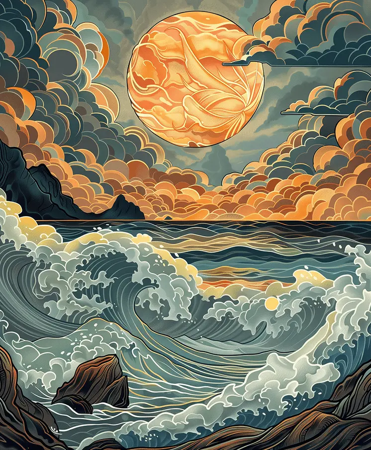 Art Nouveau Moon Over Ocean Art Print - Art Nouveau Style 8"x10" Artwork
